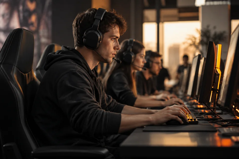 Jogadores em computadores em um ambiente profissional de esports