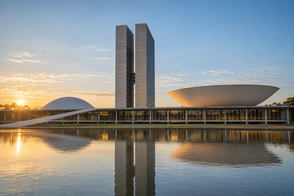 Arquitetura cívica de Brasília com torres e espelho d’água