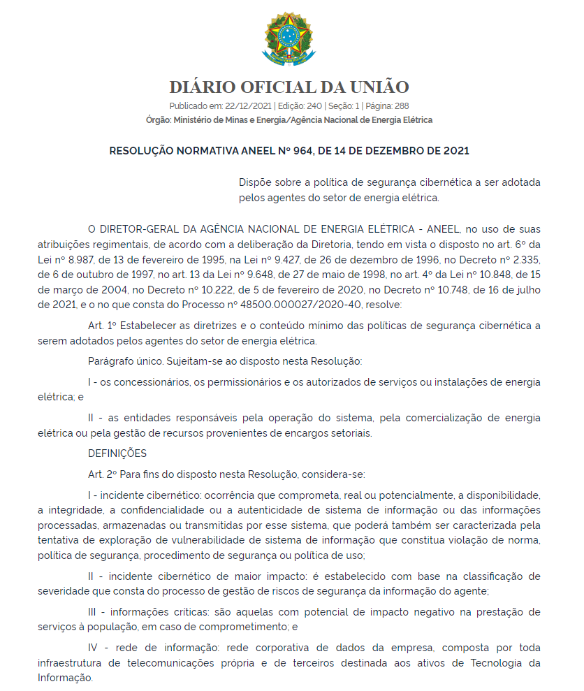 RESOLUÇÃO NORMATIVA ANEEL Nº 964, DE 14 DE DEZEMBRO DE 2021